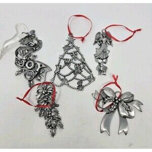 VINTAGE CAMCO PEWTER CHRISTMAS ORNAMENT BUNDLE SET OF 5 TREE ANGEL BOW HOLIDAY